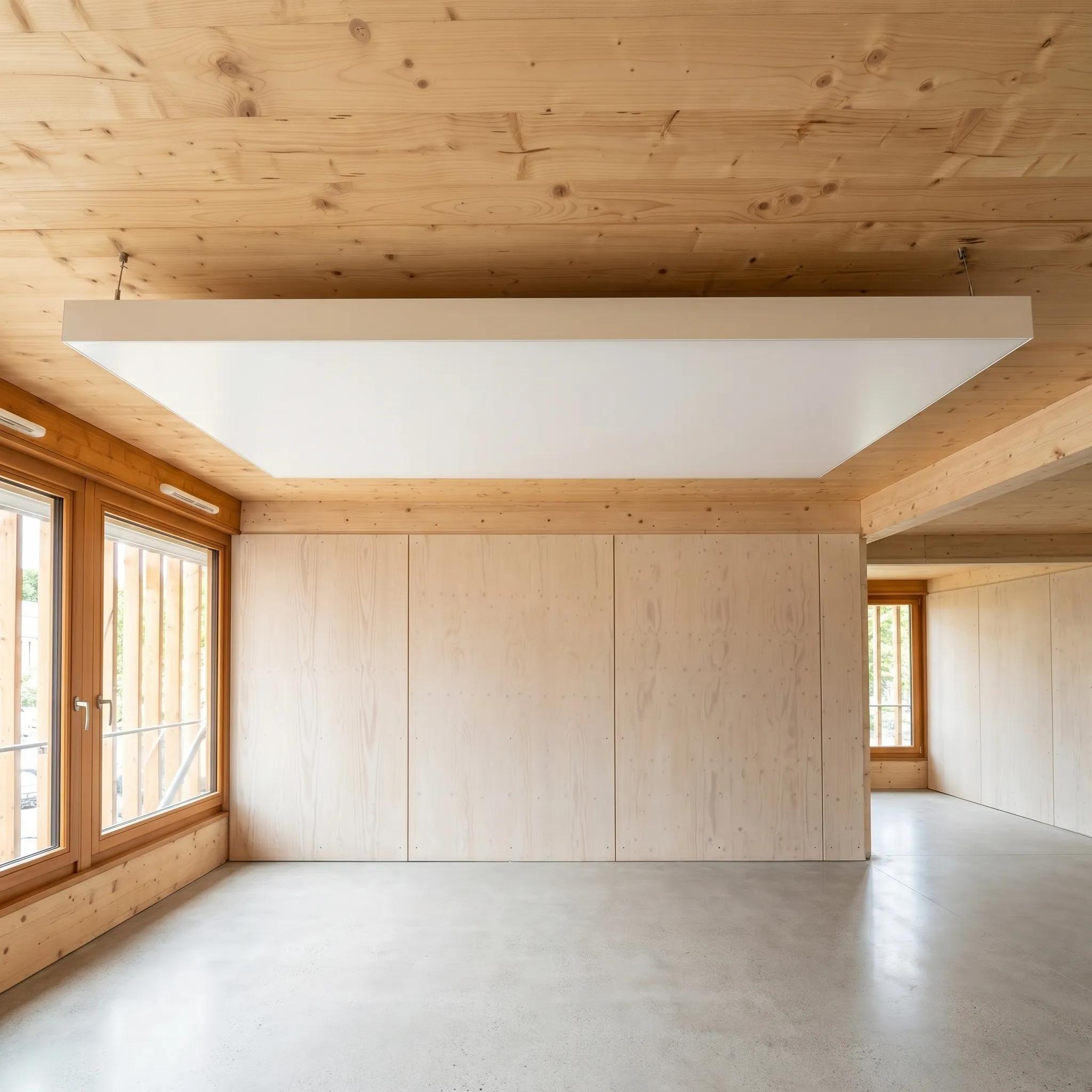 interpanel Klimapanel flächenbündig in einem Raum mit Holzdecke und Holzwänden