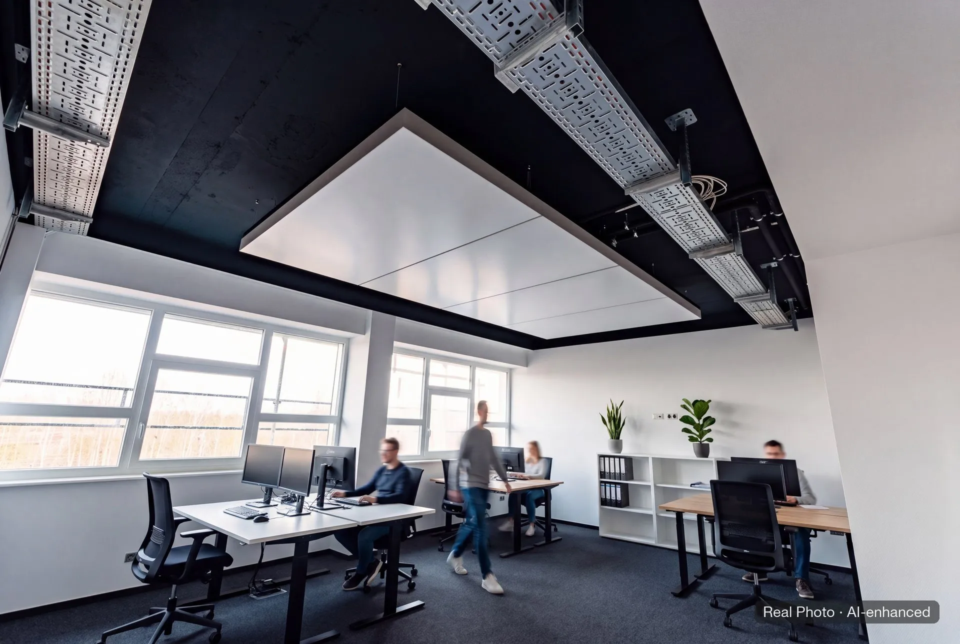 Mit KI bearbeitete Aufnahme: Büro im 4. Obergeschoss mit abgependeltem interpanel Deckensegel unter schwarzer Decke