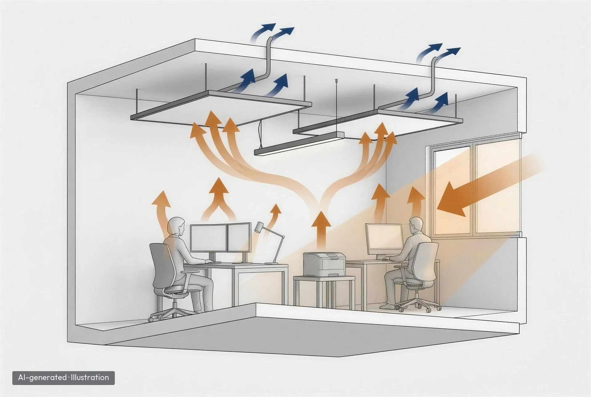 KI-generierte Illustration: Technische Illustration eines Büroraums im Schnitt: Wärme von Sonne, Personen, Bildschirmen, Leuchte und Drucker steigt zu zwei Deckensegeln auf und wird über die Wasserleitungen abgeführt.