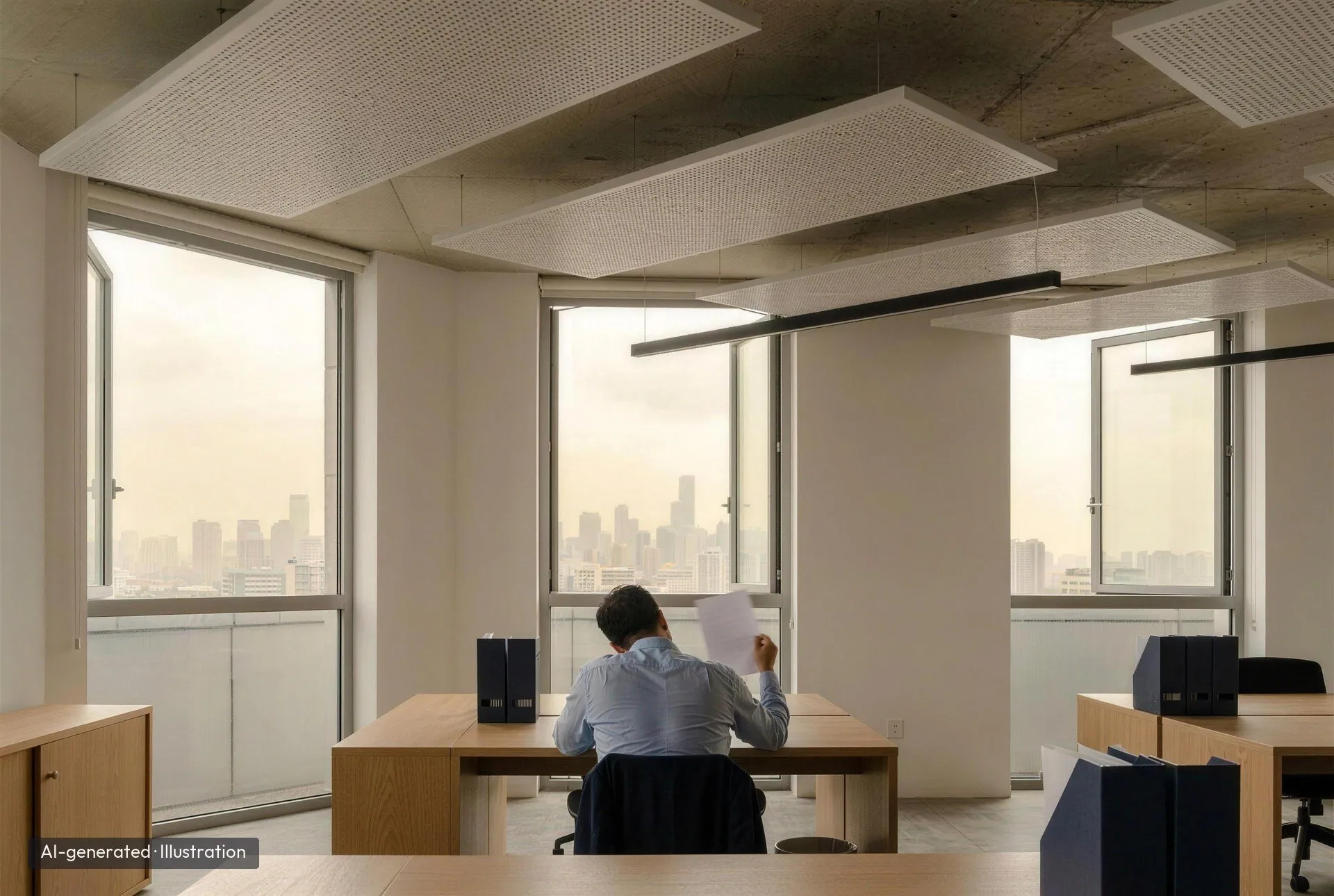 KI-generierte Illustration: Büro an einem schwülen Sommernachmittag, diesige Stadt vor offenen Fenstern, eine Person von hinten fächelt sich mit einem Blatt Luft zu, darüber Kühlsegel und Linearleuchten.